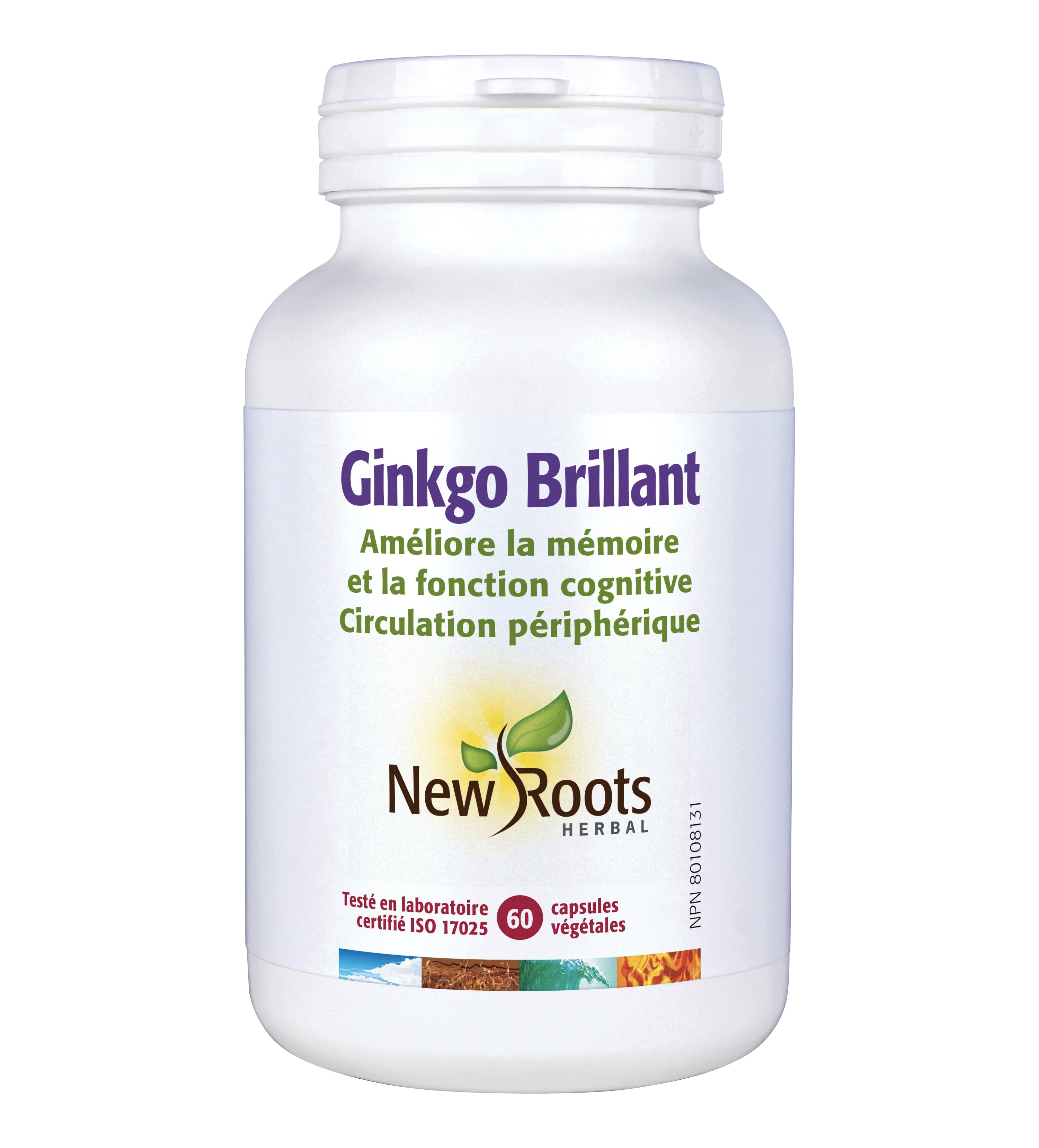 Ginkgo Brillant - Améliore la mémoire et la fonction cognitive + circulation périphérique - New Roots - 30 ou 60 capsules